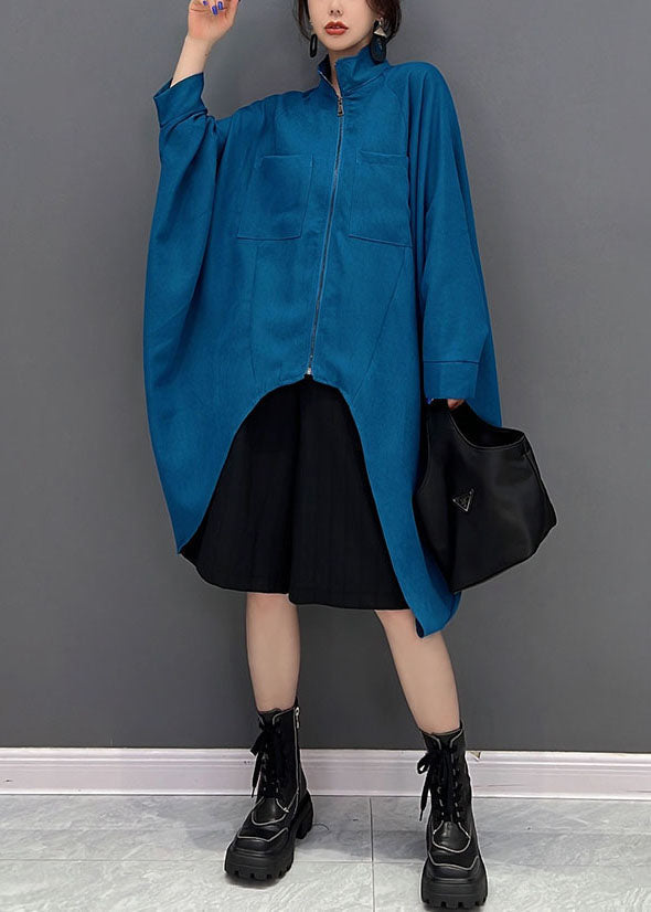 Blue Asymmetrical Design Zippered Cotton Coat Fall