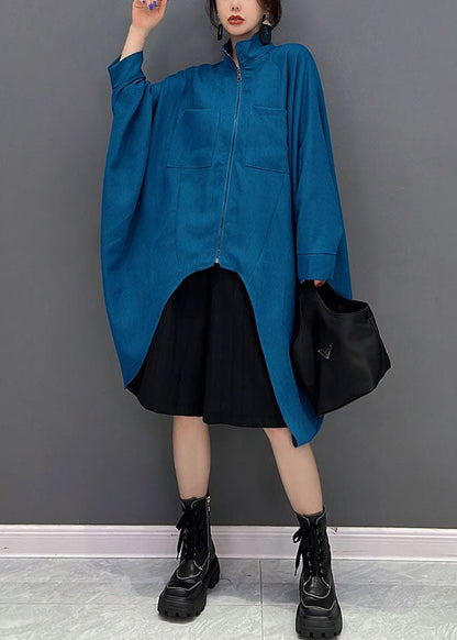 Blue Asymmetrical Design Zippered Cotton Coat Fall