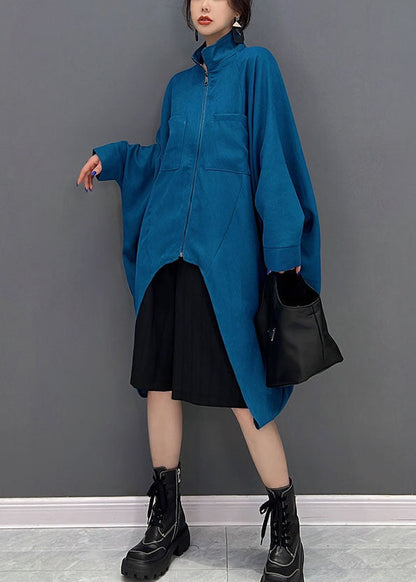 Blue Asymmetrical Design Zippered Cotton Coat Fall