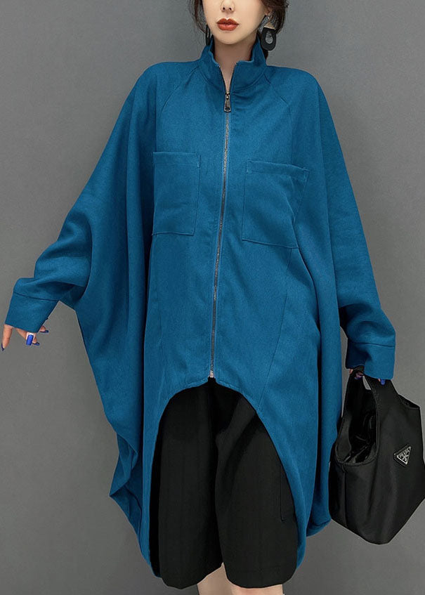 Blue Asymmetrical Design Zippered Cotton Coat Fall