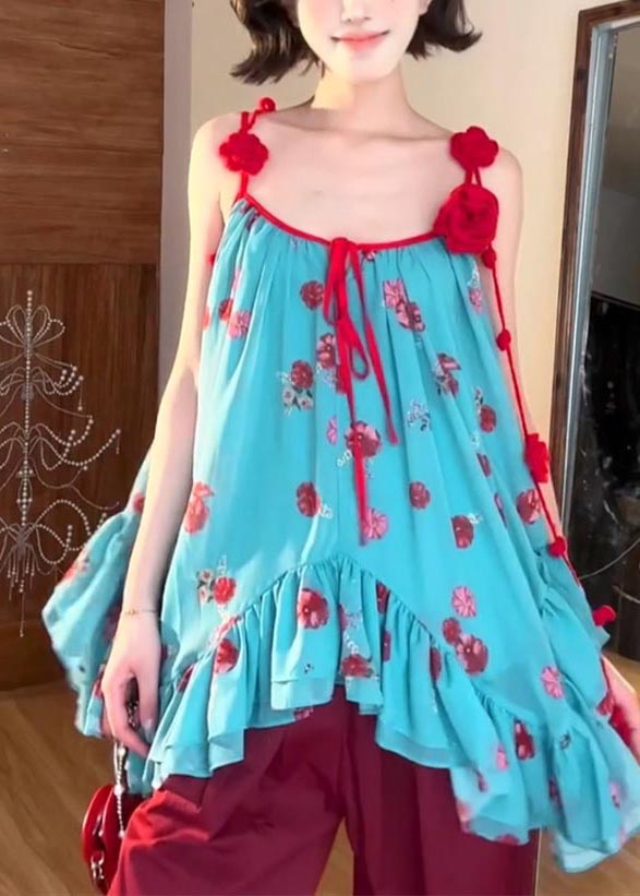Blue Asymmetrical Spaghetti Strap Tops Summer