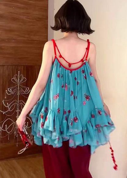 Blue Asymmetrical Spaghetti Strap Tops Summer