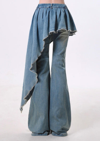 Blue Asymmetrical Patchwork Denim Flared Trousers Pants Spring