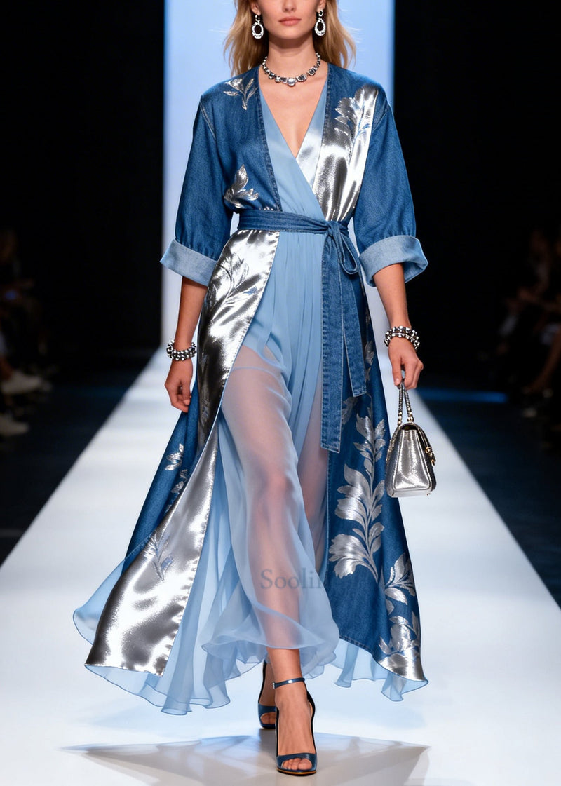 Blue Asymmetrical Patchwork Denim Robe Dresses Summer
