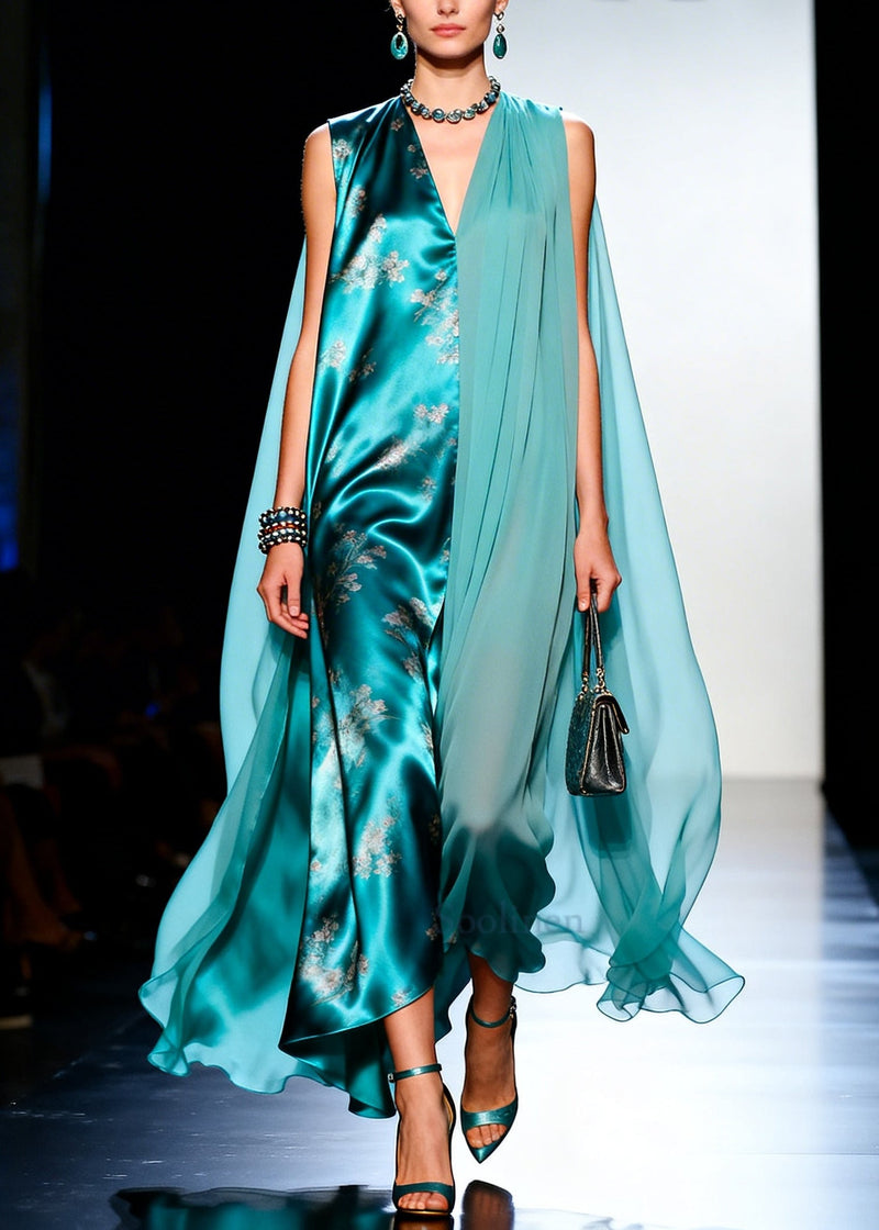 Blue Asymmetrical Patchwork Tulle Maxi Dresses Sleeveless