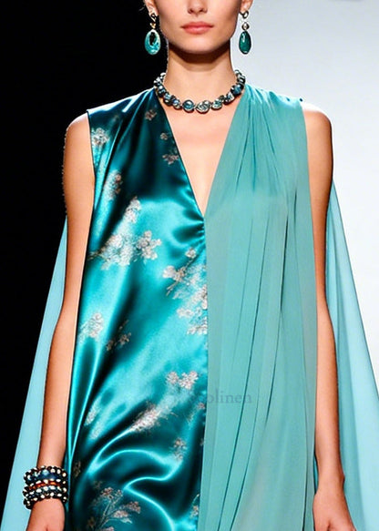 Blue Asymmetrical Patchwork Tulle Maxi Dresses Sleeveless