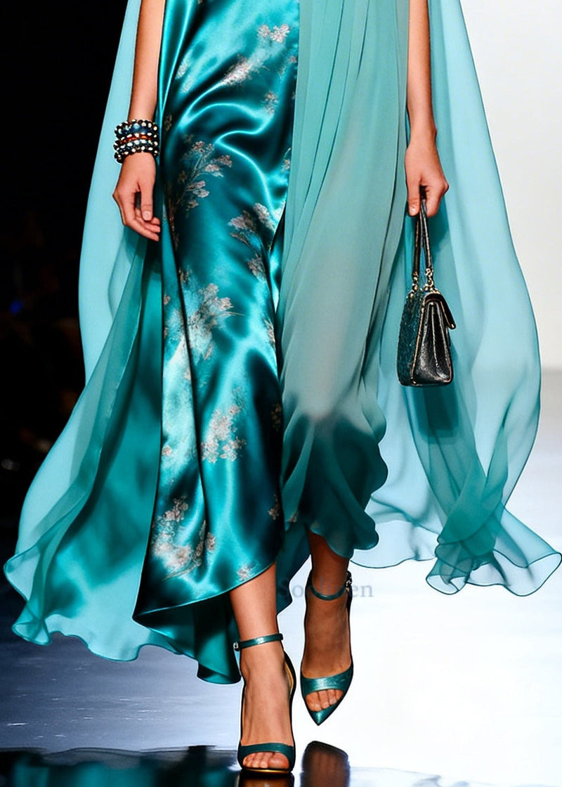 Blue Asymmetrical Patchwork Tulle Maxi Dresses Sleeveless