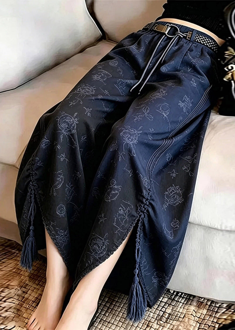 Blue Asymmetrical Print Side Open Wide Leg Pants