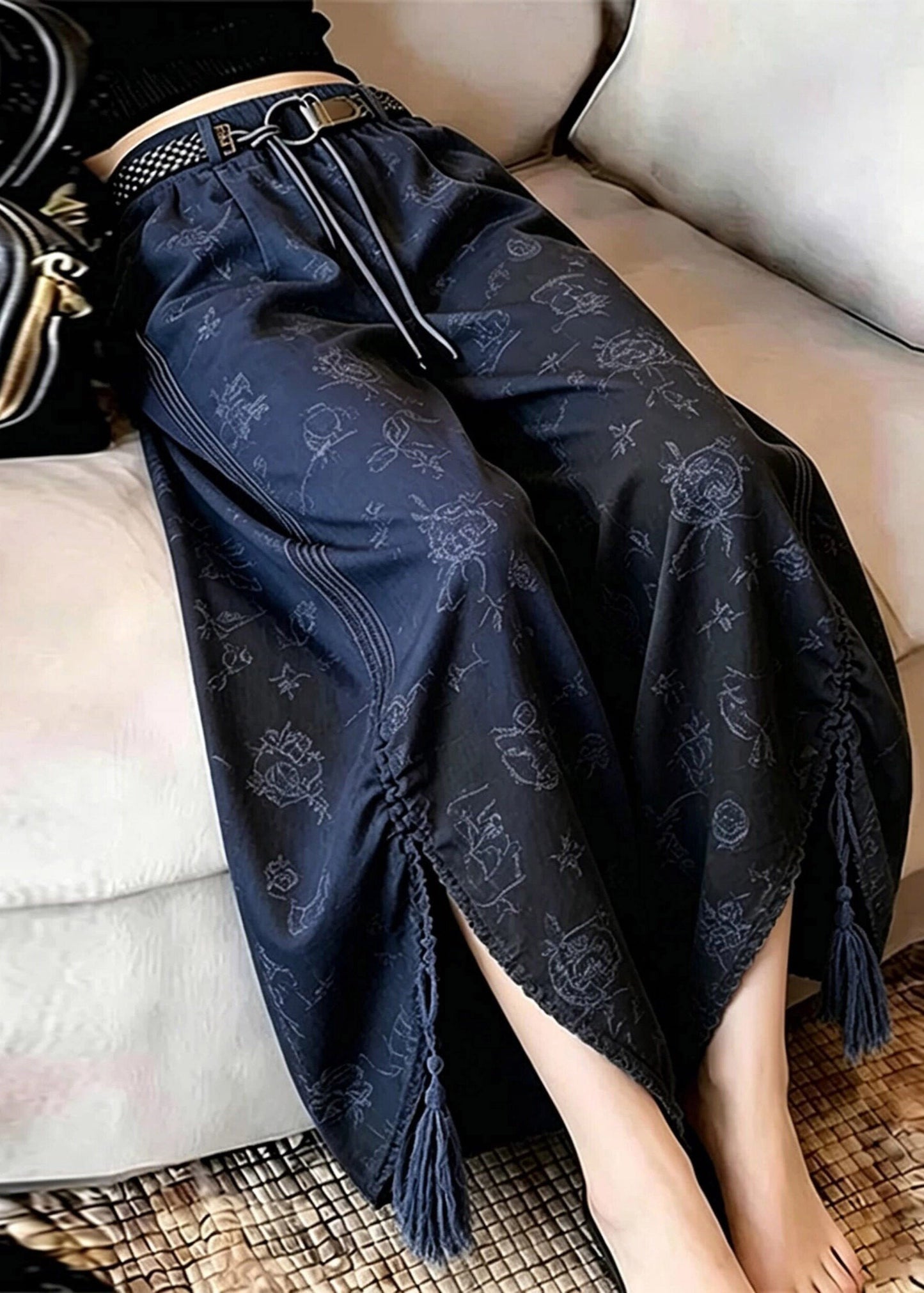 Blue Asymmetrical Print Side Open Wide Leg Pants