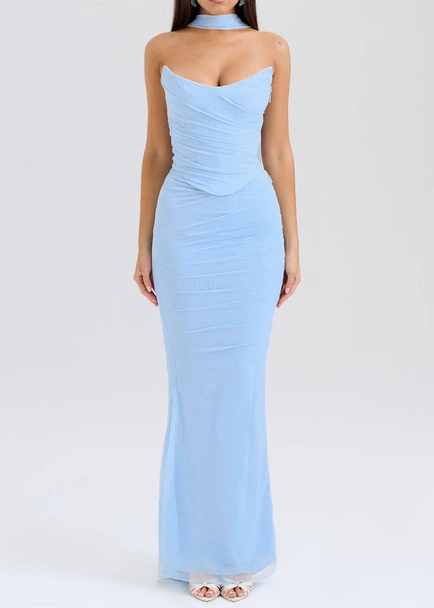 Blue Backless Wraped Tulle Strapless Dress