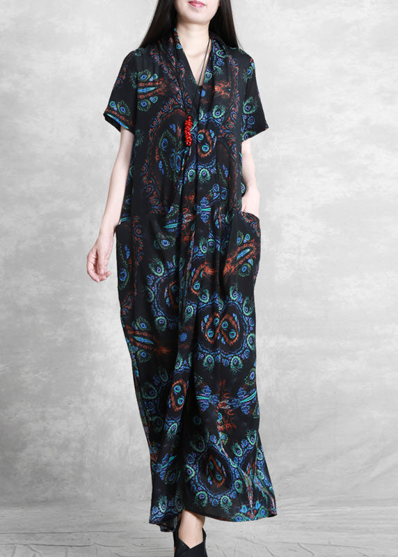 Blue Black V Neck Print Wrinkled Silk Ankle Dress Summer