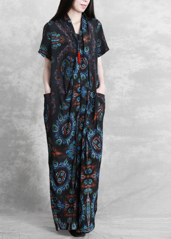 Blue Black V Neck Print Wrinkled Silk Ankle Dress Summer