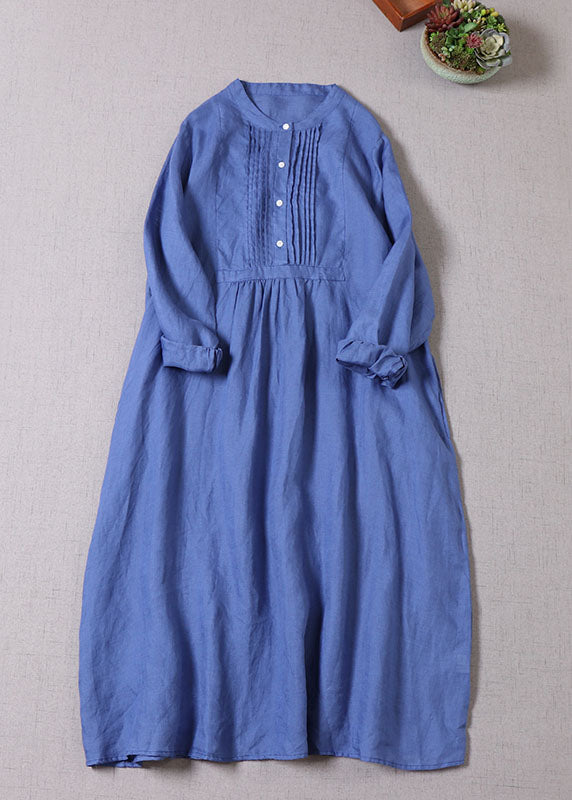 Blue Button Wrinkled Linen Dresses Long Sleeve