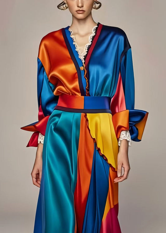 Blue Cinched Patchwork Silm Fit Silk Long Dresses Spring