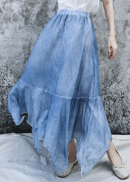 Blue Elastic Waist Asymmetrical Patchwork Cotton Skirt Summer