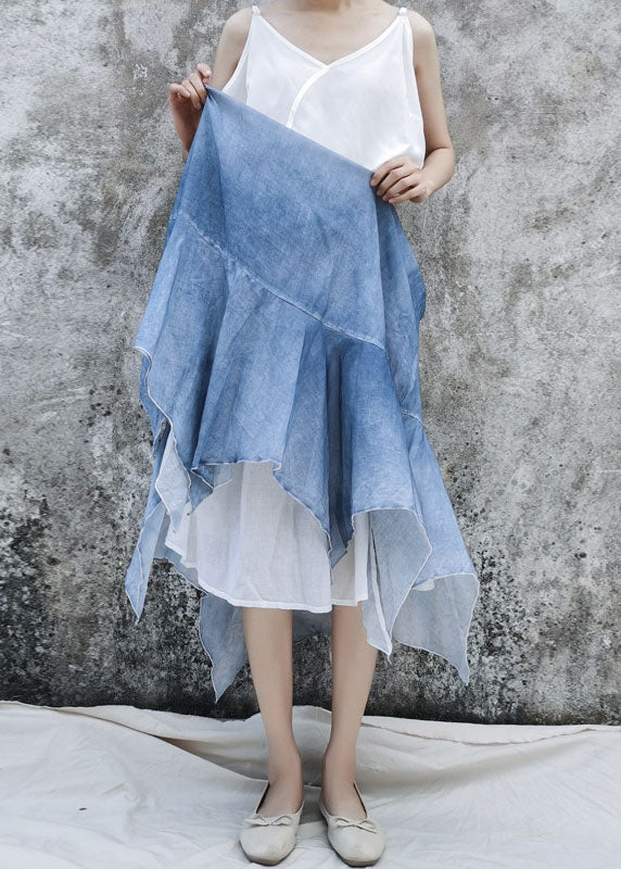 Blue Elastic Waist Asymmetrical Patchwork Cotton Skirt Summer