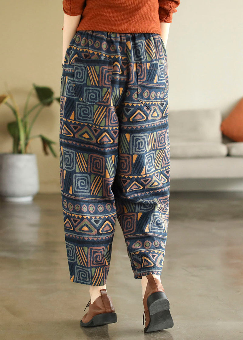 Blue Elastic Waist Pockets Print Cotton Denim Harem Pants Fall