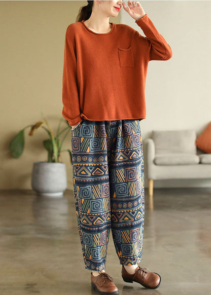 Blue Elastic Waist Pockets Print Cotton Denim Harem Pants Fall