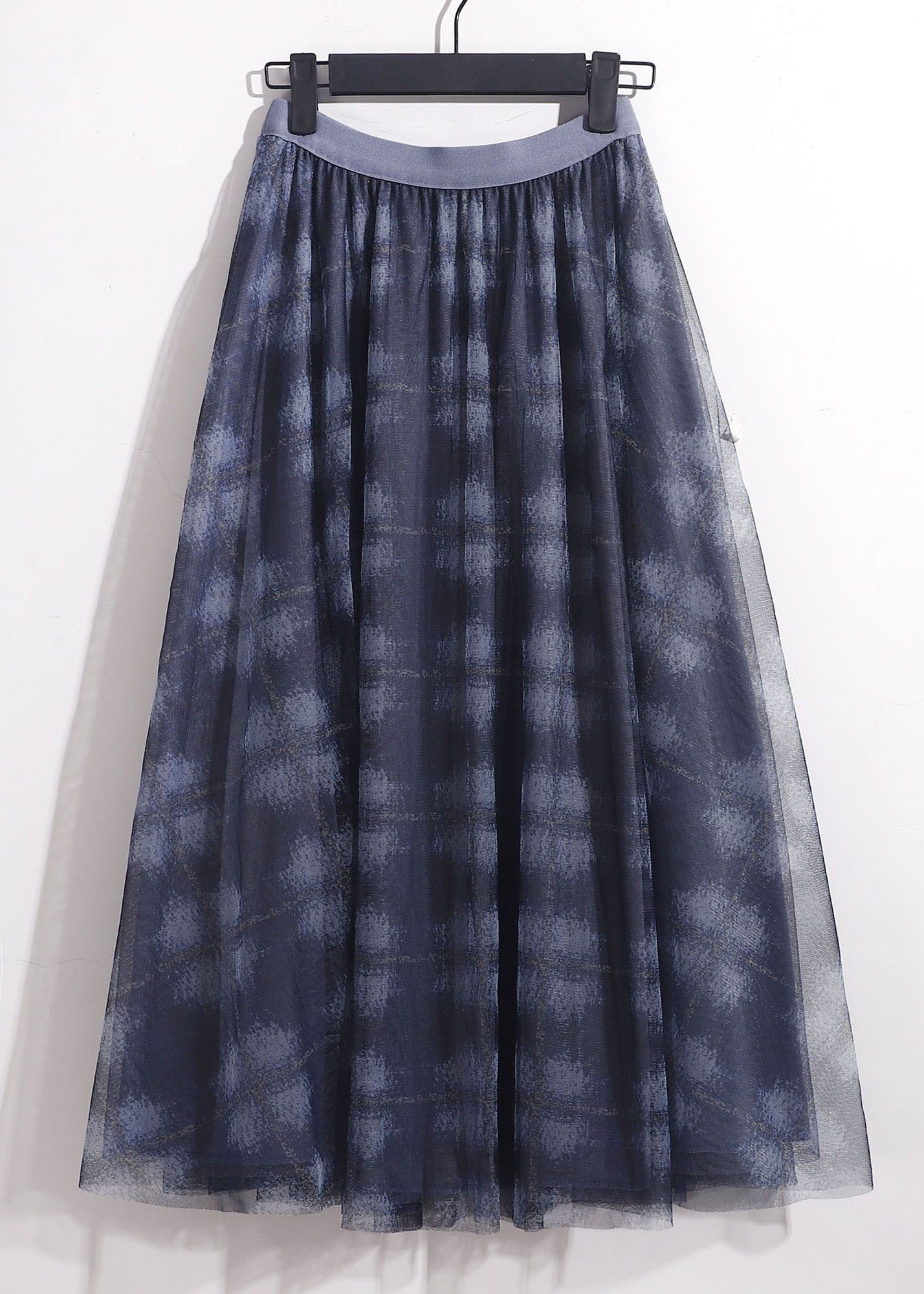 Blue Elastic Waist Print Tulle Skirt Spring