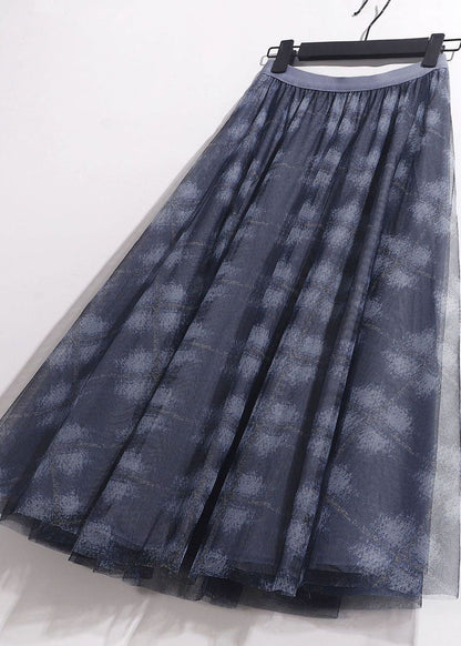 Blue Elastic Waist Print Tulle Skirt Spring