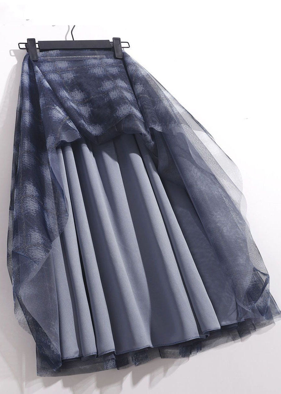 Blue Elastic Waist Print Tulle Skirt Spring