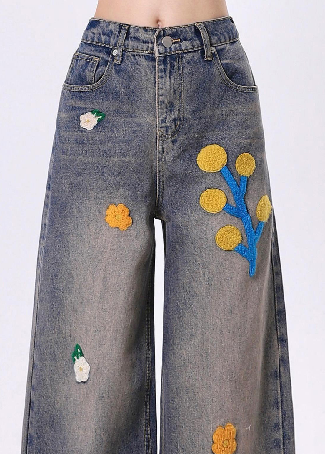 Blue Embroidered Denim Straight Pants Spring