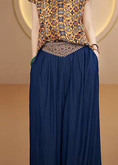Blue Embroidered Elastic Waist Cotton Pants Fall