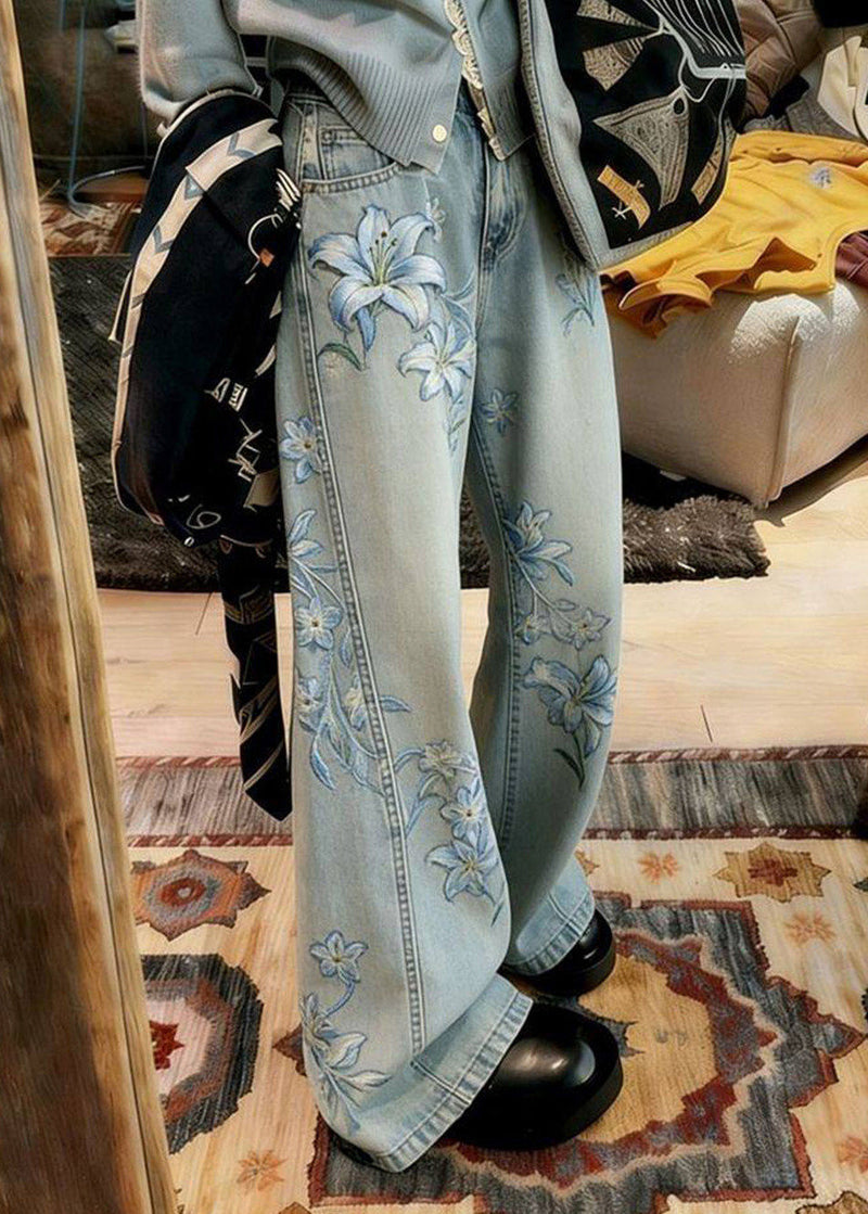 Blue Embroidered Denim Wide Leg Pants Spring