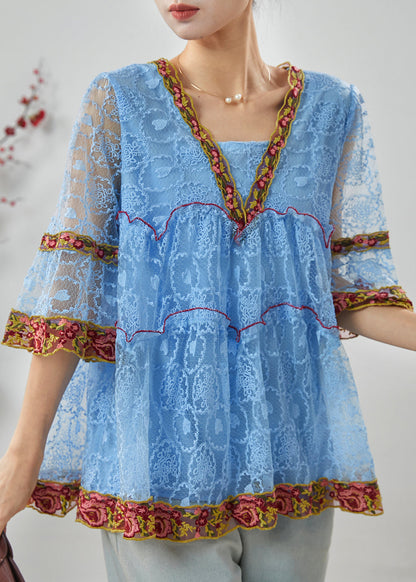 Blue Embroidered Ruffled Lace Shirt Summer