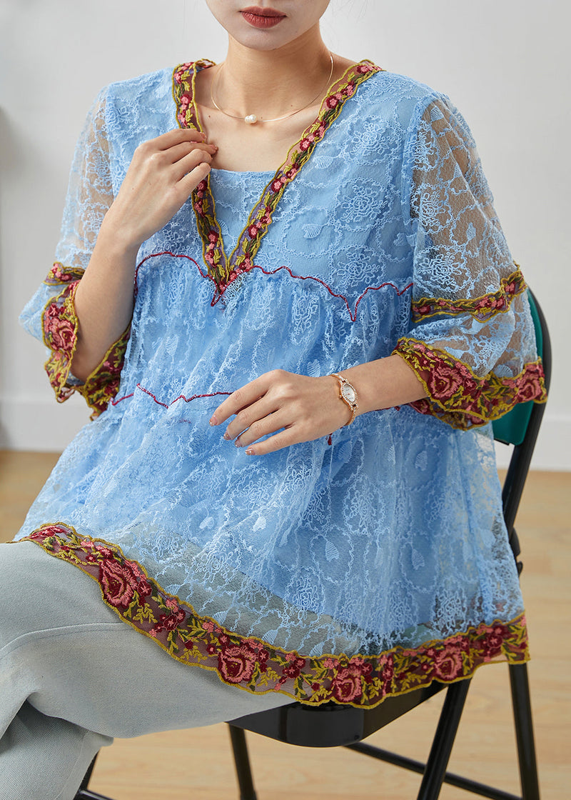 Blue Embroidered Ruffled Lace Shirt Summer
