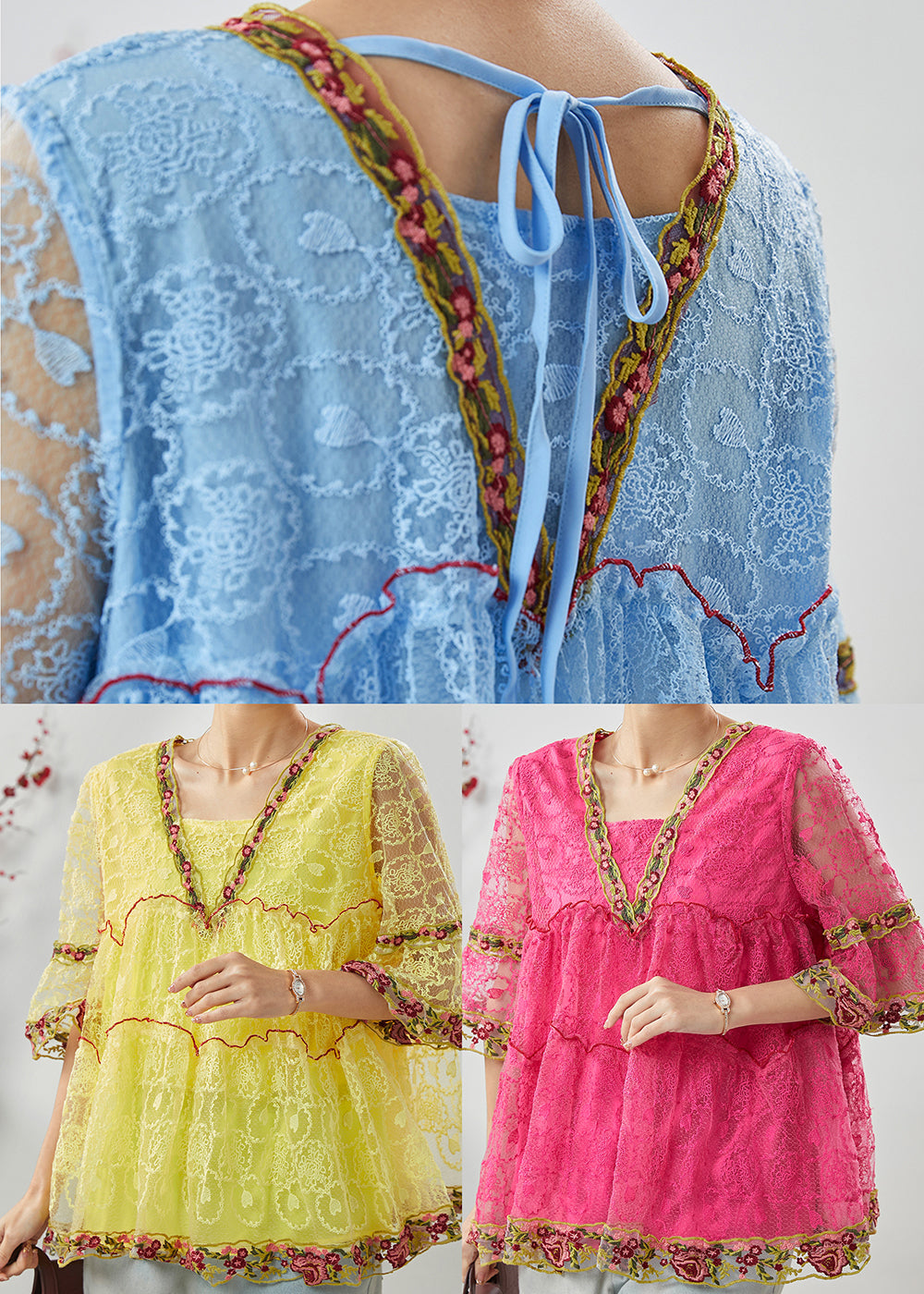 Blue Embroidered Ruffled Lace Shirt Summer