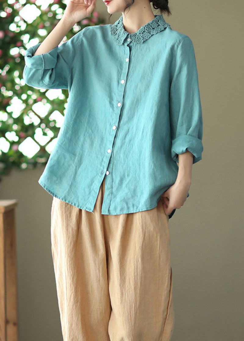 Blue Embroideried Patchwork Linen Blouse Top Long Sleeve