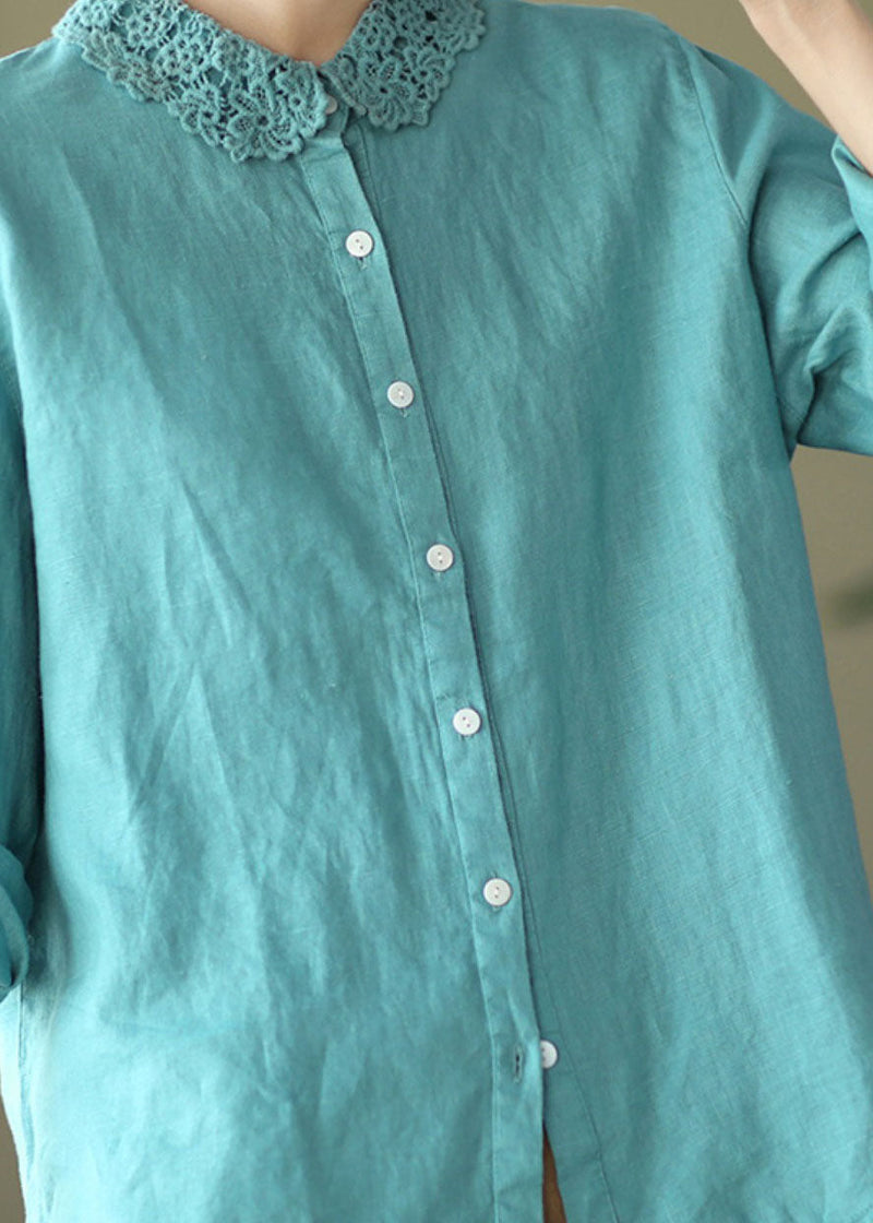 Blue Embroideried Patchwork Linen Blouse Top Long Sleeve