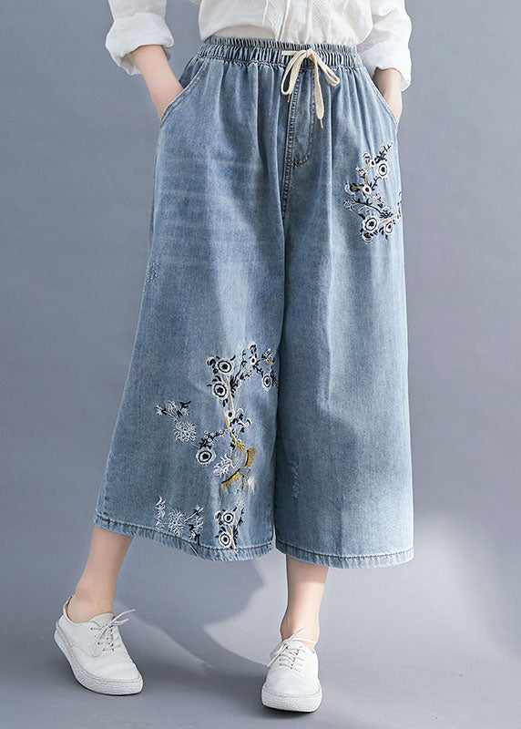 Blue Embroideried Pockets Patchwork Denim Wide Leg Pants Summer