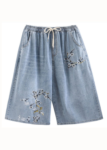 Blue Embroideried Pockets Patchwork Denim Wide Leg Pants Summer