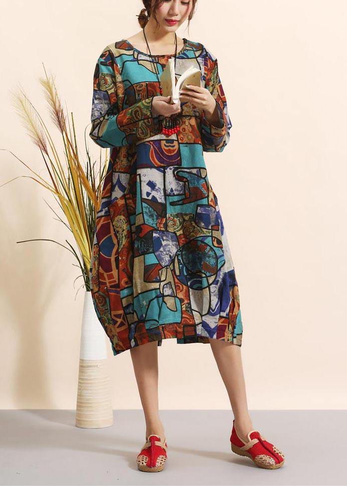 Blue Geometric Clothes O Neck Maxi Spring Dresses