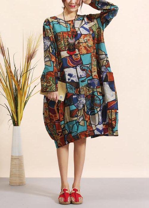 Blue Geometric Clothes O Neck Maxi Spring Dresses