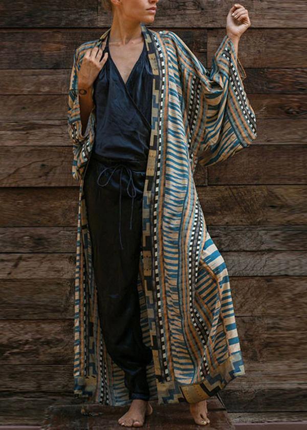 Blue Geometric Print Long Sleeve Kimono Robe Mid Summer Cotton