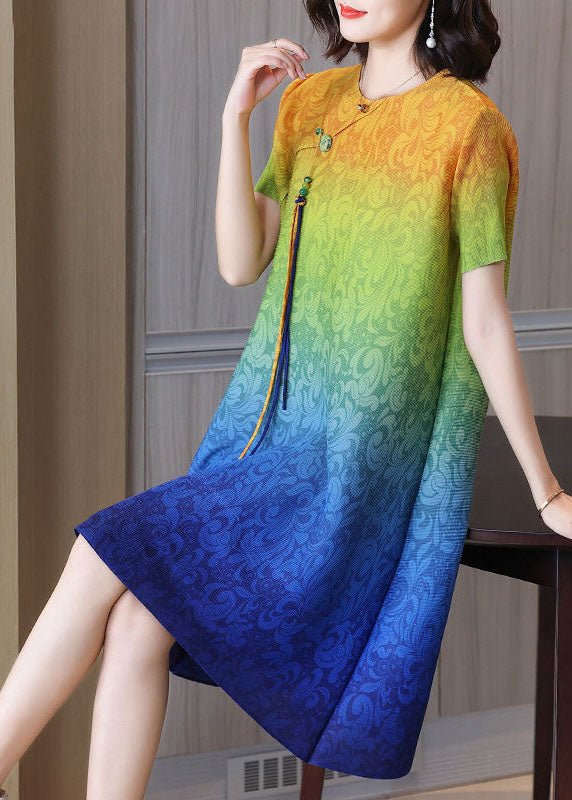 Blue Gradient Color O-neck Tassel Wrinkled Silk Dresses Short Sleeve