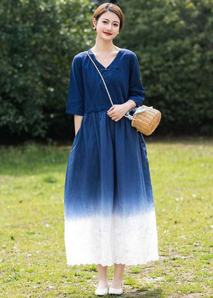 Blue Gradient V Neck Hollow Out Patchwork Linen Dress Summer