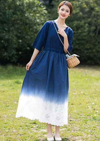 Blue Gradient V Neck Hollow Out Patchwork Linen Dress Summer