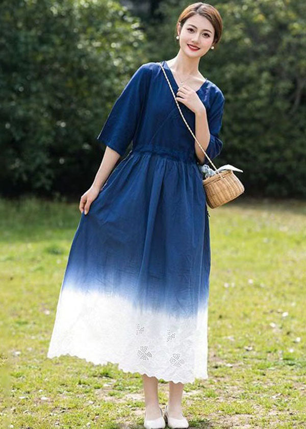 Blue Gradient V Neck Hollow Out Patchwork Linen Dress Summer