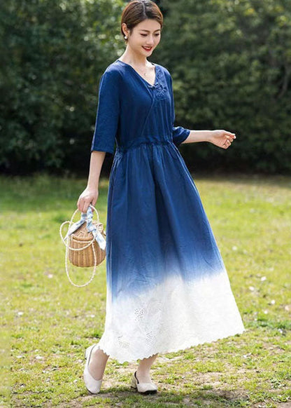 Blue Gradient V Neck Hollow Out Patchwork Linen Dress Summer