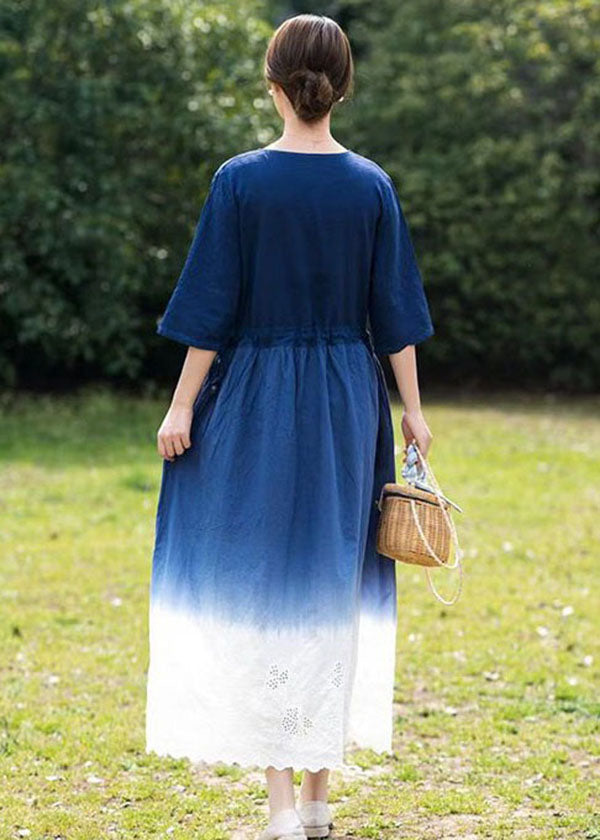Blue Gradient V Neck Hollow Out Patchwork Linen Dress Summer