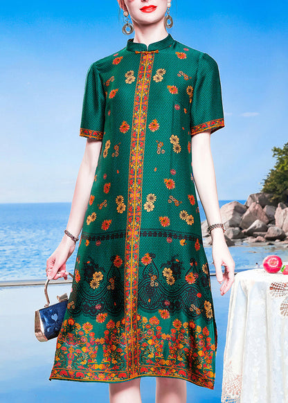 Blue Green Mandarin Collar Print Side Open Silk Cheongsam Dresses Short Sleeve