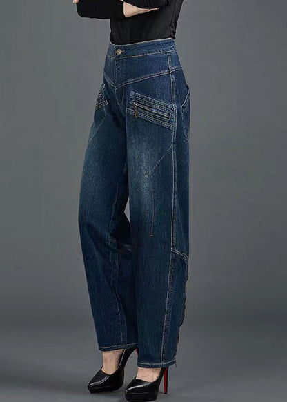 Blue High Waist Flatering Zip Up Pockets Cotton Denim Pants Summer