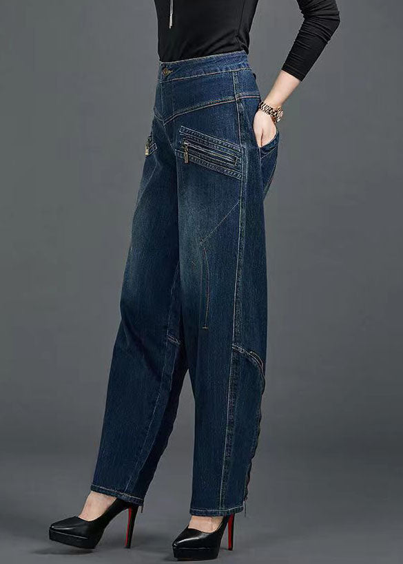 Blue High Waist Flatering Zip Up Pockets Cotton Denim Pants Summer