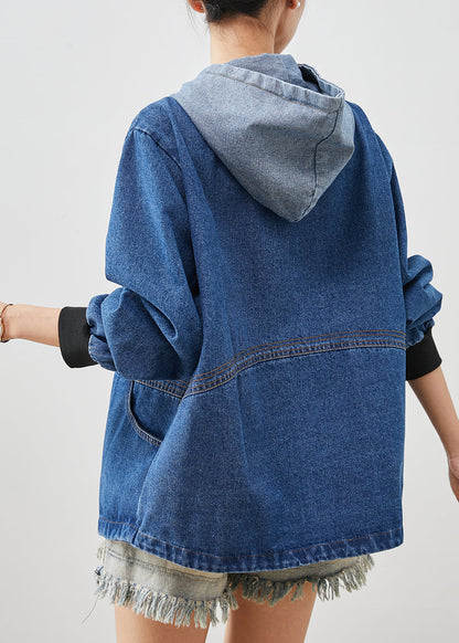 Blue Hooded Patchwork Denim Jackets Spring