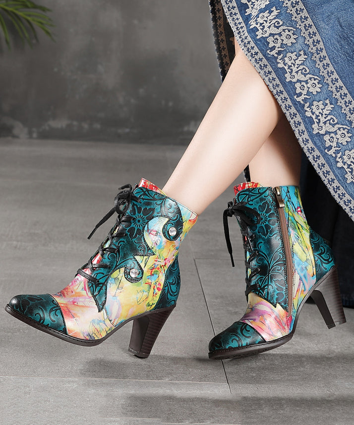 Blue Lace Up Splicing Embossed Chunky Heel Boots