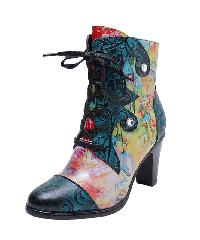 Blue Lace Up Splicing Embossed Chunky Heel Boots